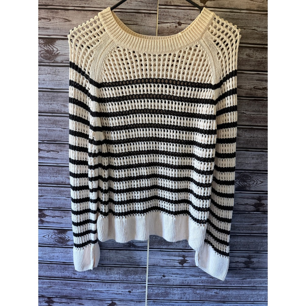 AllSaints Women's Long-Sleeved Sweater L Cream Black Striped Crochet Open-Knit